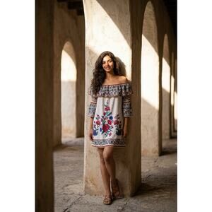 Flying Tomatoe Boho Floral Off The Shoulder Ruffle Bell Sleeve Top Medium